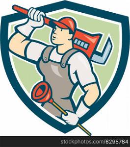Illustration of a plumber looking up holding monkey wrench on shoulder and plunger viewed from the side set inside shield crest done in cartoon style on isolated background.