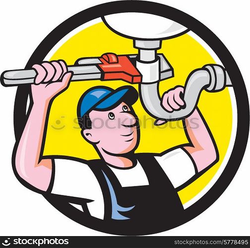 Illustration of a plumber pipe worker repairing pipe sink with wrench set inside circle on isolated background done in cartoon style. . Plumber Repairing Sink Pipe Wrench Circle Cartoon