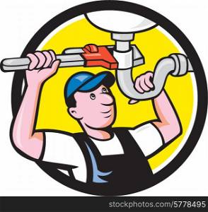 Illustration of a plumber pipe worker repairing pipe sink with wrench set inside circle on isolated background done in cartoon style. . Plumber Repairing Sink Pipe Wrench Circle Cartoon