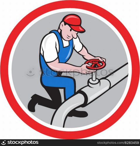 Illustration of a plumber pipe worker turning on pipeline flow set inside circle done in cartoon style on isolated background.. Plumber Pipe Worker Turning on Flow Circle Cartoon
