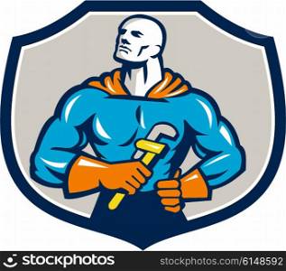Illustration of a plumber superhero holding monkey wrench looking up to the side viewed from front set inside shield crest done in retro style. &#xA;