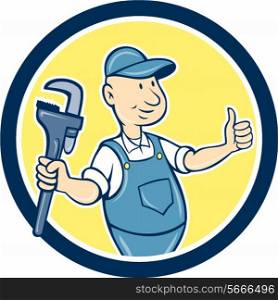 Illustration of a plumber thumbs up holding monkey wrench set inside circle on isolated background done in cartoon style.. Plumber Monkey Wrench Thumbs Up Cartoon