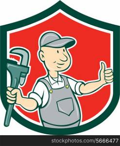 Illustration of a plumber thumbs up holding monkey wrench set inside shield crest on isolated background done in cartoon style.. Plumber Monkey Wrench Thumbs Up Shield Cartoon