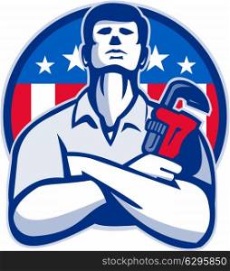 Illustration of a plumber tradesman handyman worker with arms crossed holding a monkey wrench facing front set inside circle with American stars and stripes flag done in retro style.