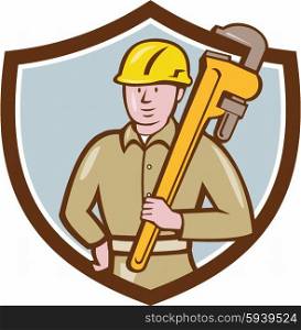 Illustration of a plumber wearing hardhat holding carrying monkey adjustable wrench on shoulder viewed from front side set inside shield crest on isolated background done in cartoon style. . Plumber Holding Wrench Crest Cartoon