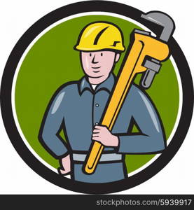 Illustration of a plumber wearing hardhat holding carrying monkey adjustable wrench on shoulder viewed from front side set inside circle on isolated background done in cartoon style. . Plumber Holding Wrench Circle Cartoon
