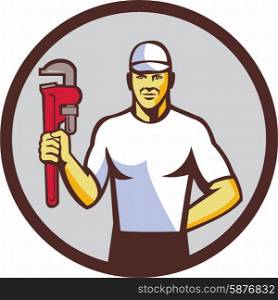 Illustration of a plumber wearing hat holding monkey wrench facing front set inside circle on isolated background done in retro style. . Plumber Holding Monkey Wrench Circle Retro