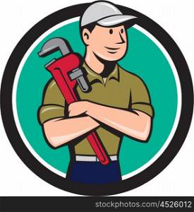 Illustration of a plumber wearing hat looking to the side arms crossed holding monkey wrench viewed from front set inside circle on isolated background done in cartoon style.. Plumber Arms Crossed Circle Cartoon