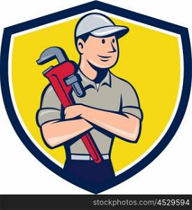 Illustration of a plumber wearing hat looking to the side arms crossed holding monkey wrench viewed from front set inside shield crest on isolated background done in cartoon style.. Plumber Arms Crossed Crest Cartoon