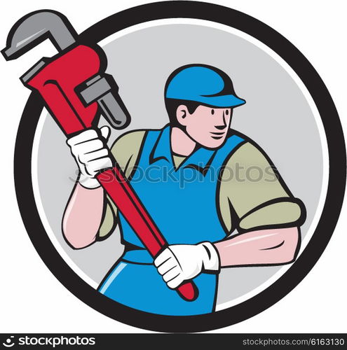 Illustration of a plumber wearing hat running holding giant monkey wrench looking to the side viewed from front set inside circle on isolated background done in cartoon style. . Plumber Running Monkey Wrench Circle Cartoon