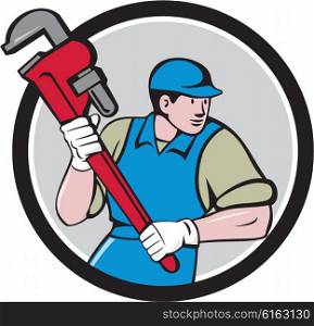 Illustration of a plumber wearing hat running holding giant monkey wrench looking to the side viewed from front set inside circle on isolated background done in cartoon style. . Plumber Running Monkey Wrench Circle Cartoon