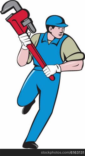 Illustration of a plumber wearing hat running holding giant monkey wrench looking to the side viewed from front set on isolated white background done in cartoon style. . Plumber Running Monkey Wrench Cartoon