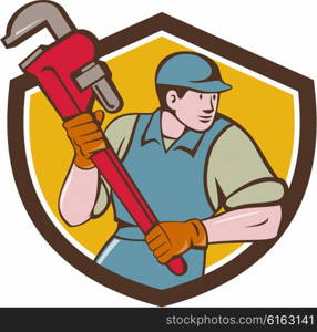 Illustration of a plumber wearing hat running holding giant monkey wrench looking to the side viewed from front set inside shield crest on isolated background done in cartoon style. . Plumber Running Monkey Wrench Crest Cartoon