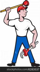 Illustration of a plumber wielding holding monkey wrench plunger done in cartoon style on isolated background. . Plumber Wield Wrench Plunger Isolated Cartoon