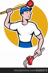 Illustration of a plumber wielding holding monkey wrench plunger done in cartoon style on isolated background. . Plumber Wielding Wrench Plunger Cartoon
