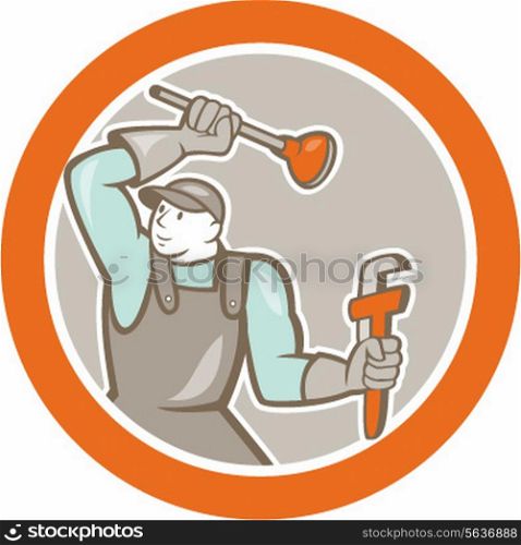 Illustration of a plumber wielding plunger and holding monkey wrench set inside circle on isolated background done in cartoon style.. Plumber Wielding Plunger Wrench Circle Cartoon