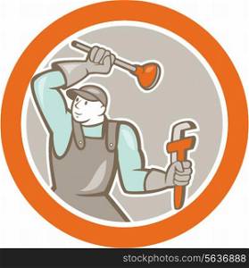 Illustration of a plumber wielding plunger and holding monkey wrench set inside circle on isolated background done in cartoon style.. Plumber Wielding Plunger Wrench Circle Cartoon