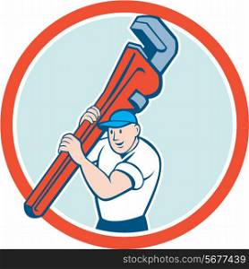 Illustration of a plumber with hat carrying monkey wrench on shoulder set inside circle on isolated background done in cartoon style.. Plumber Carrying Monkey Wrench Circle Cartoon