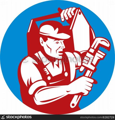 illustration of a Plumber with monkey wrench and carrying toolbox . Plumber with monkey wrench and carrying toolbox
