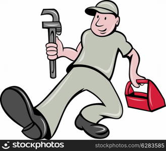 illustration of a plumber with monkey wrench and toolbox walking front done in cartoon style on isolated background. plumber with monkey wrench and toolbox