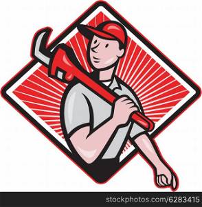 Illustration of a plumber with monkey wrench done in cartoon style on isolated background