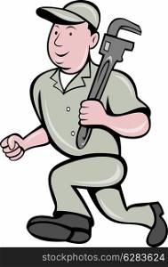 illustration of a plumber with monkey wrench running side done in cartoon style on isolated background. plumber with monkey wrench running