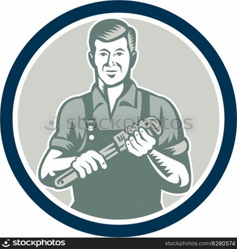 Illustration of a plumber with monkey wrench set inside circle facing front done in retro woodcut style on isolated background.