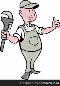 illustration of a plumber with monkey wrench thumbs up done in cartoon style on isolated background. plumber with monkey wrench thumbs up