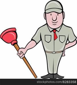 illustration of a plumber with plunger standing front done in cartoon style on isolated background. plumber with plunger standing