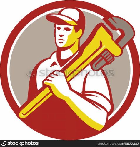 Illustration of a plumber worker wearing hat holding monkey wrench on shoulder looking to the side viewed from front set inside circle on isolated background done in retro style. . Plumber Holding Monkey Wrench Circle Retro