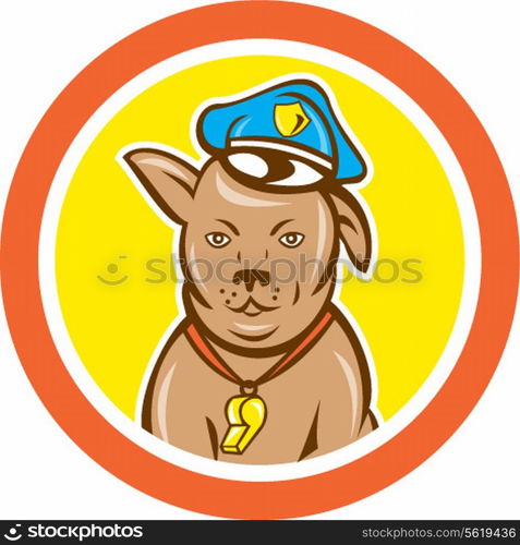 Illustration of a police guard dog canine with hat and whistle viewed from front set inside circle on isolated background done in cartoon style. . Police Dog Canine Circle Cartoon