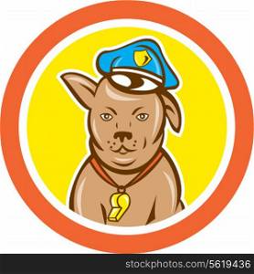Illustration of a police guard dog canine with hat and whistle viewed from front set inside circle on isolated background done in cartoon style. . Police Dog Canine Circle Cartoon