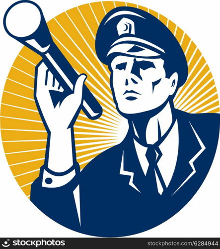 Illustration of a police officer policeman security guard holding a flashlight torch set inside circle done in retro style.. Policeman Security Guard With Flashlight Retro