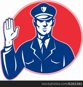 Illustration of a police officer policeman with hand signal stop set inside circle done in retro style.&#xA;