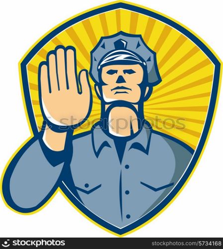 Illustration of a policeman police law enforcement officer with hands signalling stop set inside shield done in retro style.