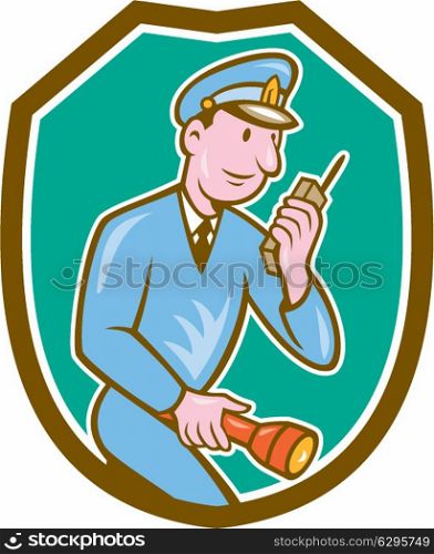 Illustration of a policeman police officer holding torch and talking on radio set inside shield crest on isolated background done in cartoon style. . Policeman Torch Radio Shield Cartoon
