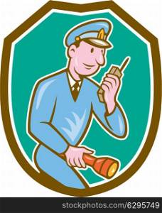 Illustration of a policeman police officer holding torch and talking on radio set inside shield crest on isolated background done in cartoon style. . Policeman Torch Radio Shield Cartoon