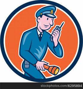 Illustration of a policeman police officer holding torch and talking on radio set inside circle on isolated background done in cartoon style. . Policeman Torch Radio Circle Cartoon