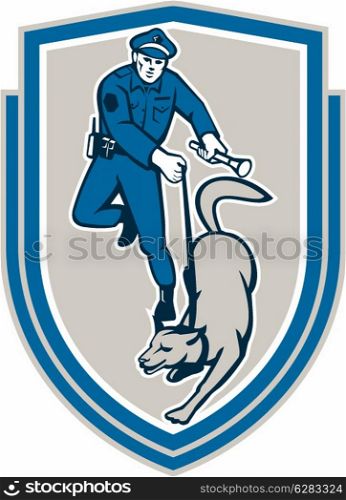 Illustration of a policeman police officer holding torch flashlight with trained police guard dog canine viewed from front set inside shield crest on isolated background done in retro style.. Policeman With Police Dog Canine Crest Retro