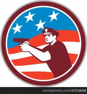 Illustration of a policeman police officer pointing shooting gun facing side set inside circle with american stars and stripes flag in the background done in retro style. . Policeman With Gun American Flag Circle Retro