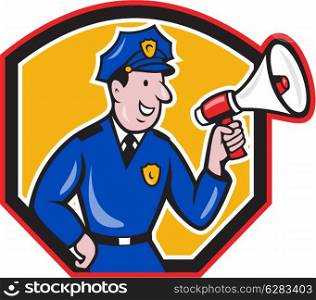 Illustration of a policeman police officer shouting using megaphone bullhorn set inside shield done in cartoon style on isolated background.. Policeman Shouting Bullhorn Shield Cartoon