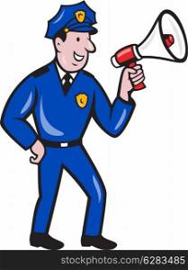 Illustration of a policeman police officer shouting using megaphone bullhorn viewed from side done in cartoon style on isolated background.. Policeman Shouting Bullhorn Isolated Cartoon