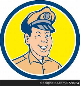 Illustration of a policeman police officer winking smiling viewed from front set inside circle on isolated background done in cartoon style. . Policeman Winking Smiling Circle Cartoon