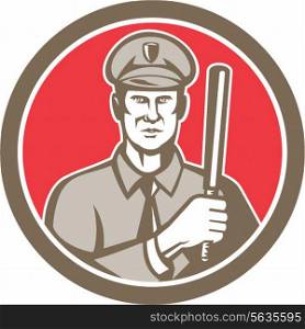 Illustration of a policeman police officer with night stick baton facing front set inside circle on isolated background done in retro style.. Policeman With Night Stick Baton Circle Retro