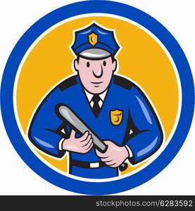 Illustration of a policeman police officer with night stick baton facing front set inside circle on isolated background done in cartoon style.. Policeman With Night Stick Baton Circle