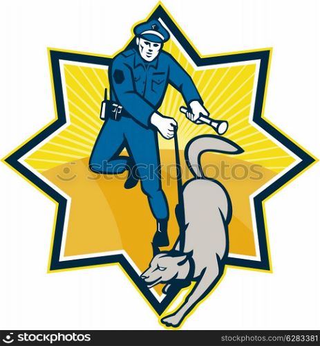 Illustration of a policeman police officer with trained police guard dog canine team viewed from front set inside star shape done in retro style.. Policeman Police Dog Canine Team