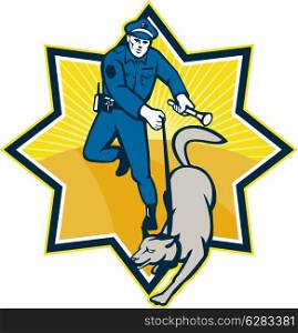 Illustration of a policeman police officer with trained police guard dog canine team viewed from front set inside star shape done in retro style.. Policeman Police Dog Canine Team