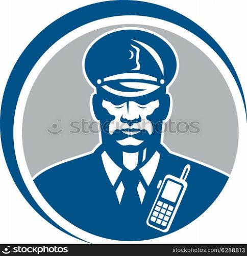 Illustration of a policeman security guard police officer facing front set inside circle on isolated background done in retro style.. Security Guard Police Officer Radio Circle