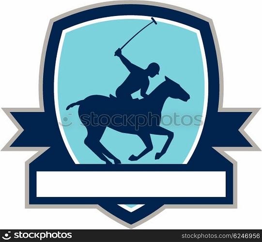 Illustration of a polo player riding horse with polo stick mallet viewed from the side set inside shield crest with ribbon on isolated background done in retro style . Polo Player Riding Horse Crest Retro