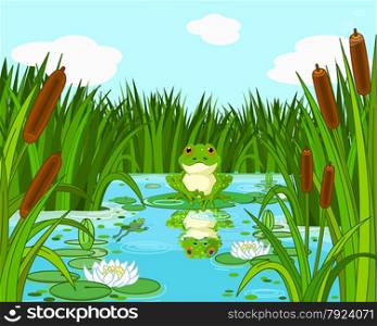 Illustration of a pond scene with frog sits on the lily